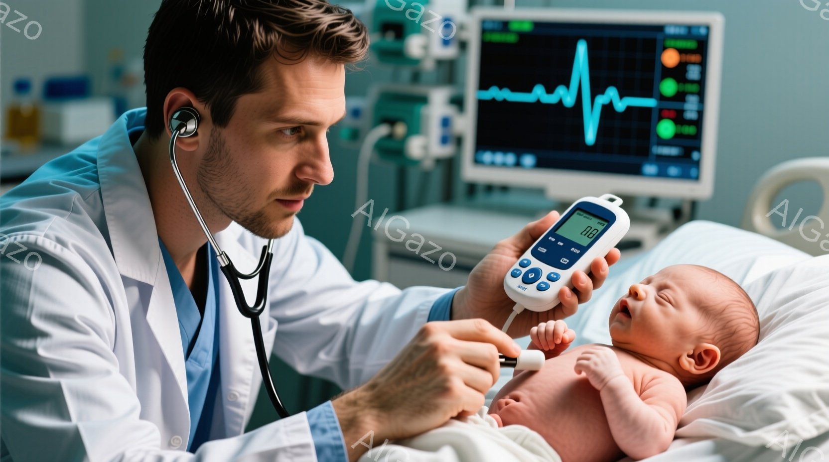 白衣を着た男性医師が、病院のベッドに横たわる新生児の心音を聴診器と携帯型心拍数モニターで調べている。医師は短髪で、真剣な表情でモニターを見つめ、新生児は腕に装着されたプローブで心拍数が測定されている。背景には医療機器が表示され、清潔で医療的な雰囲気が漂っている。