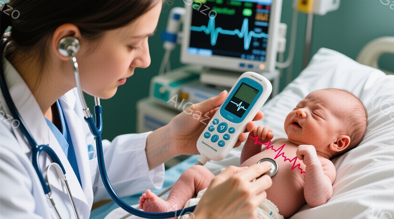 白衣を着た女性医師が、新生児の胸に聴診器を当て、心音を確認しています。新生児は仰向けになり、少し目を開けていますが、リラックスしているように見えます。背景には医療機器やモニターが写っており、病院の一室であることがわかります。