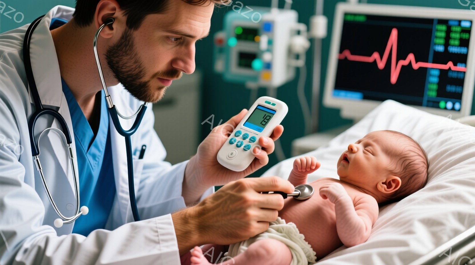 医師が新生児の心音を聴診器で確認している様子が写っている。医師は白衣を着用し、首に聴診器をかけ、片手で新生児の胸に聴診器を当て、もう一方の手で心音計のような機器を操作している。背景には医療機器が並び、モニターには心電図が表示されており、医療現場の緊迫感と安心感を同時に感じさせる雰囲気である。
