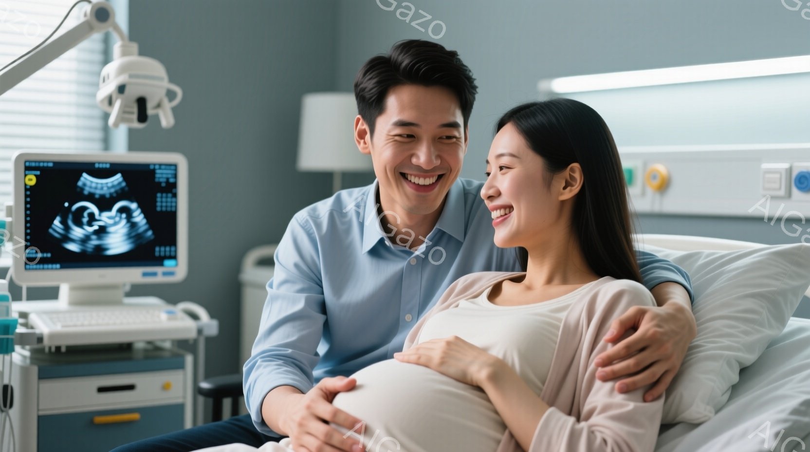 妊娠中の女性とパートナーがベッドに横たわり、お互いに微笑み合っています。女性は薄いピンク色のシャツを着ており、パートナーは水色のシャツを着ています。背景には医療機器とモニターがあり、明るく穏やかな雰囲 - AI生成フリー素材