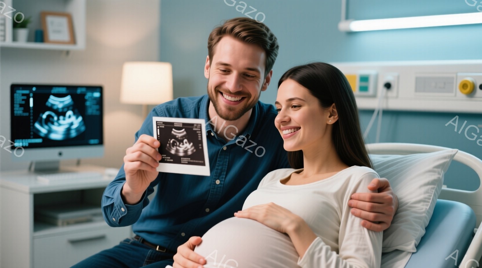 妊娠している女性と男性が、病院の診察台に座り、超音波検査の写真を見つめて笑顔を浮かべている。男性は水色のシャツとジーンズを着用し、女性は白いシャツで、お腹がふっくらとしている。背景には医療機器やモニターがあり、明るく温かい雰囲気が漂っている。
