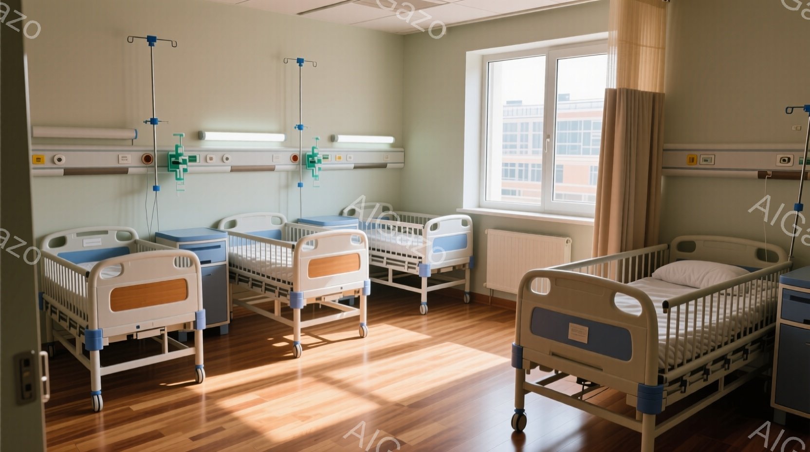 明るい日差しが差し込む病院の病室で、白い医療用ベッドが三台並んでいる。各ベッドにはシーツが敷かれ、医療機器が設置されており、壁には医療ガス供給用の配管が見える。木目調の床が暖かみを加え、全体的に清潔で落ち着いた雰囲気が漂っている。