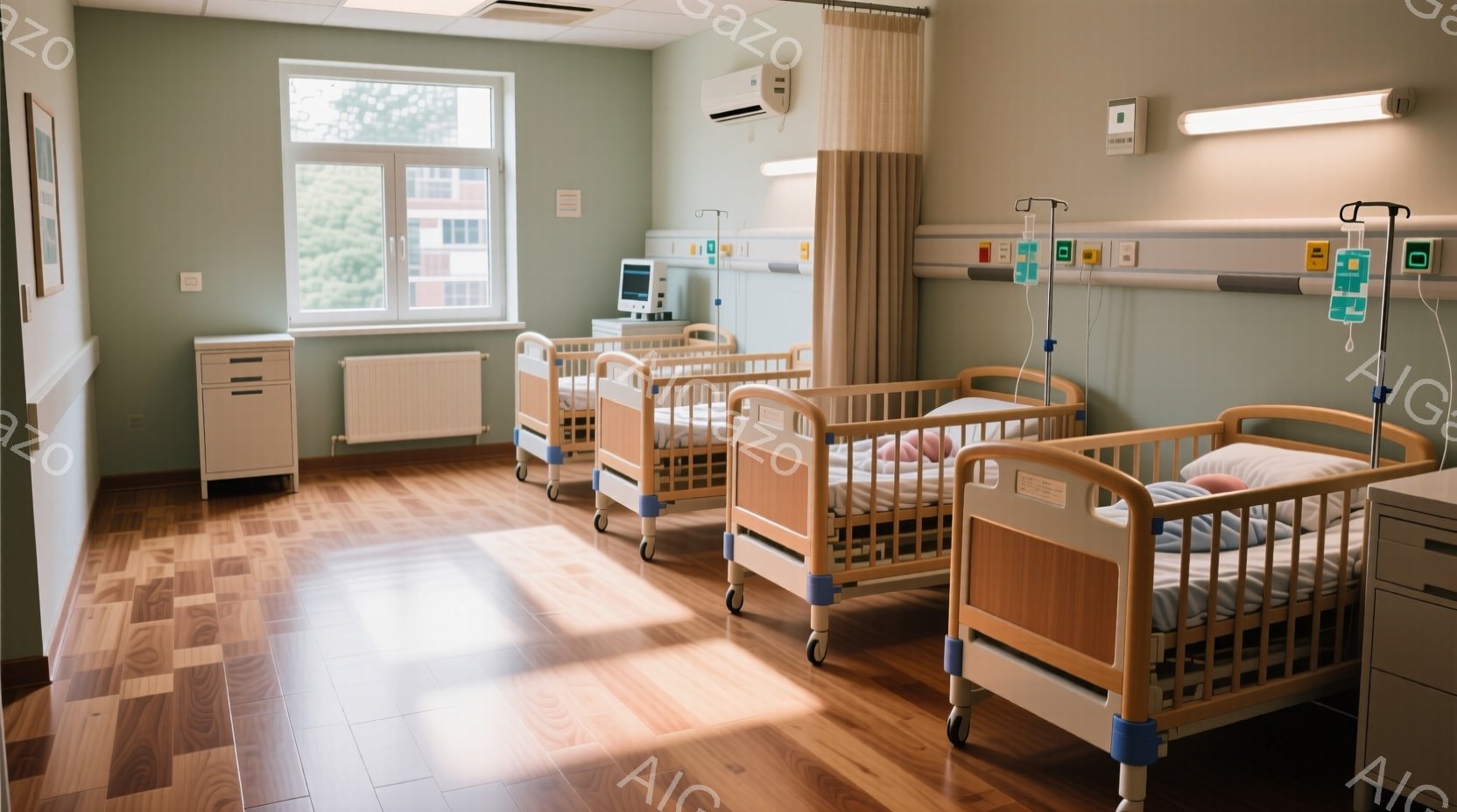 病院の病室が写っており、木目調の床に複数のベッドが整然と並んでいます。各ベッドには白いシーツが敷かれ、点滴スタンドが設置されており、医療機関であることを示しています。窓からは日差しが差し込み、明るい室 - AI生成フリー素材