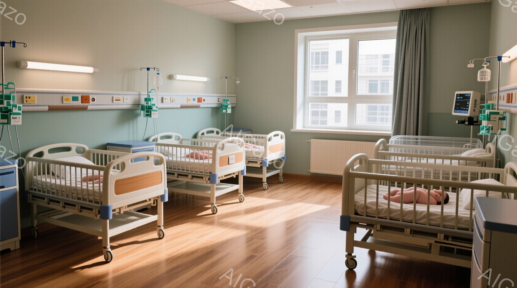 病院の病室には、いくつかのベビーベッドが整然と並んでいます。各ベッドには小さな赤ちゃんが横たわっており、白い寝具に包まれています。窓の外には建物が見え、室内に柔らかい光が差し込み、穏やかで静かな雰囲気を醸し出しています。