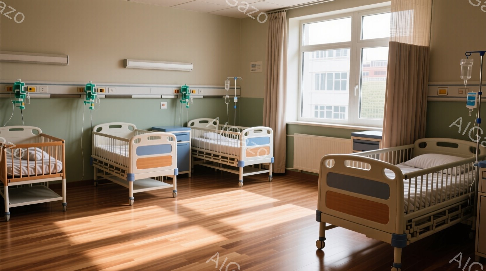白を基調とした病室には、ベッドが三台並んで配置されており、それぞれのベッドには医療用点滴台が設置されている。窓からは自然光が差し込み、木製の床に暖かな影が映っている。全体的に清潔で静かな雰囲気が漂い、回復を促す空間であることが窺える。