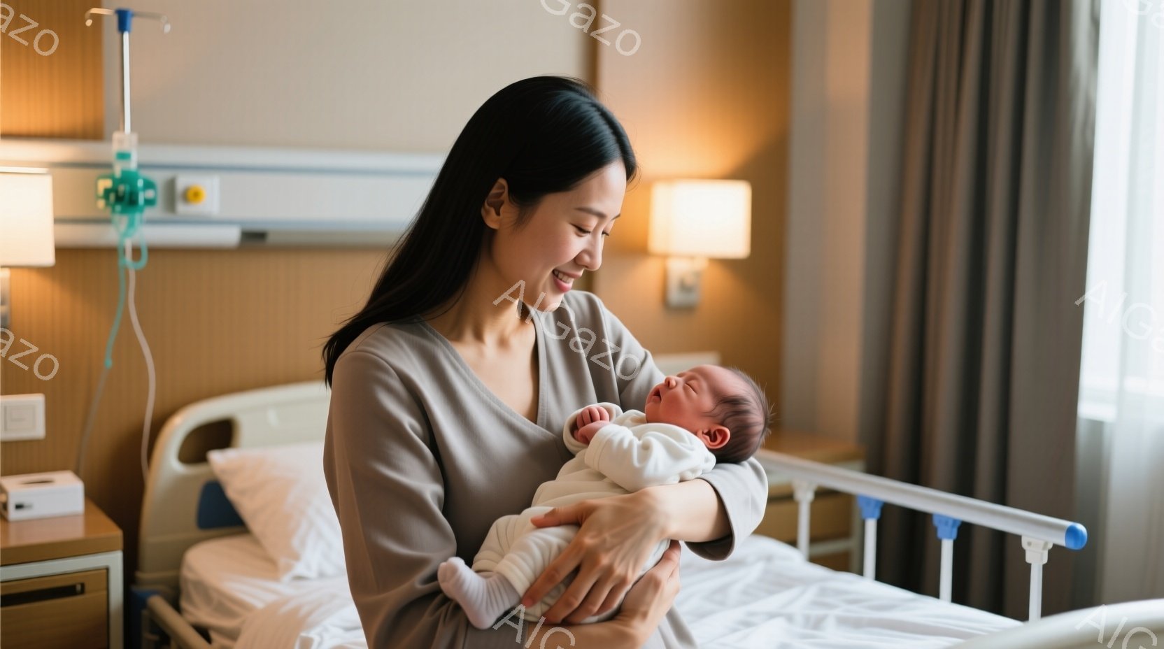 産婦はベッドに座り、生まれたばかりの赤ちゃんを腕に抱いています。彼女は灰色のトップスを着ており、髪は後ろでまとめています。赤ちゃんの表情は少ししかめっ面ですが、母親は優しく微笑んでおり、二人の間には温かい愛情が感じられます。