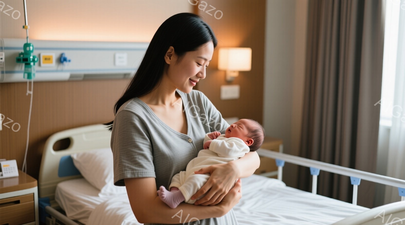 病院のベッドに横たわる女性が、生まれたばかりの赤ちゃんを抱きかかえています。女性はグレーのTシャツを着ており、髪は後ろでまとめています。彼女は赤ちゃんの顔を見下ろし、優しい笑顔を浮かべており、穏やかで愛情に満ちた雰囲気が漂っています。