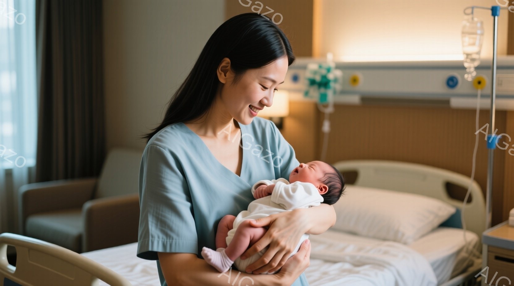 病院のベッドに座る女性が、生まれたばかりの赤ちゃんを抱きかかえています。女性は水色のトップスを着ており、髪は後ろで結ばれています。彼女は微笑んでおり、赤ちゃんは両腕にしっかりと抱きしめられています。