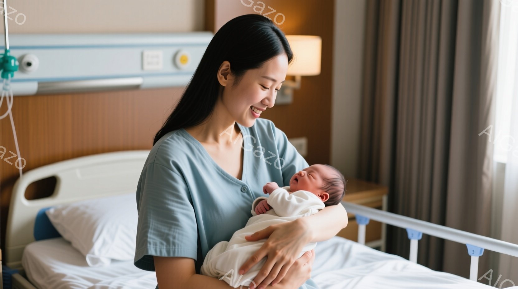 産後の女性がベッドに座り、生まれたばかりの赤ちゃんを抱きしめています。彼女は水色のシャツを着ており、長く黒い髪は後ろに流されています。顔には幸せそうな笑顔が浮かび、赤ちゃんは白い包み布に包まれています。