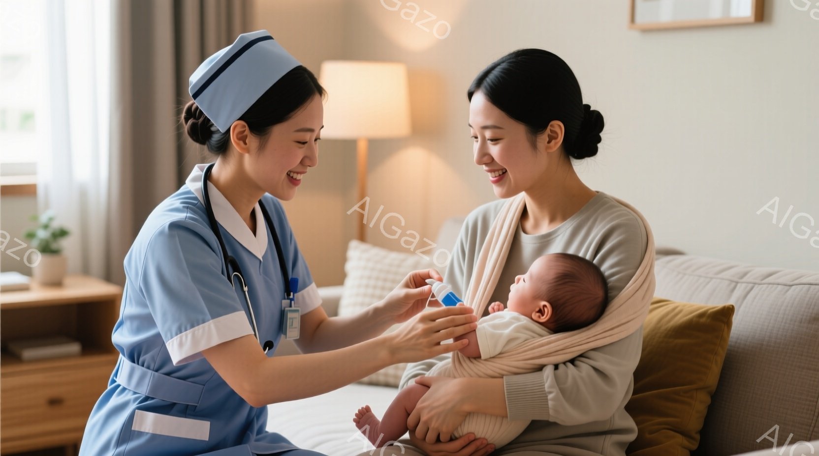 看護師はターコイズブルーの制服と白い帽子を着用し、赤ちゃんの頬に点眼薬を差しています。母親は薄いグレーのセーターを着て、赤ちゃんの頭を優しく抱きかかえ、微笑んでいます。背景には、柔らかい光が差し込むリビングルームと、木製のキャビネットやクッションが見えます。