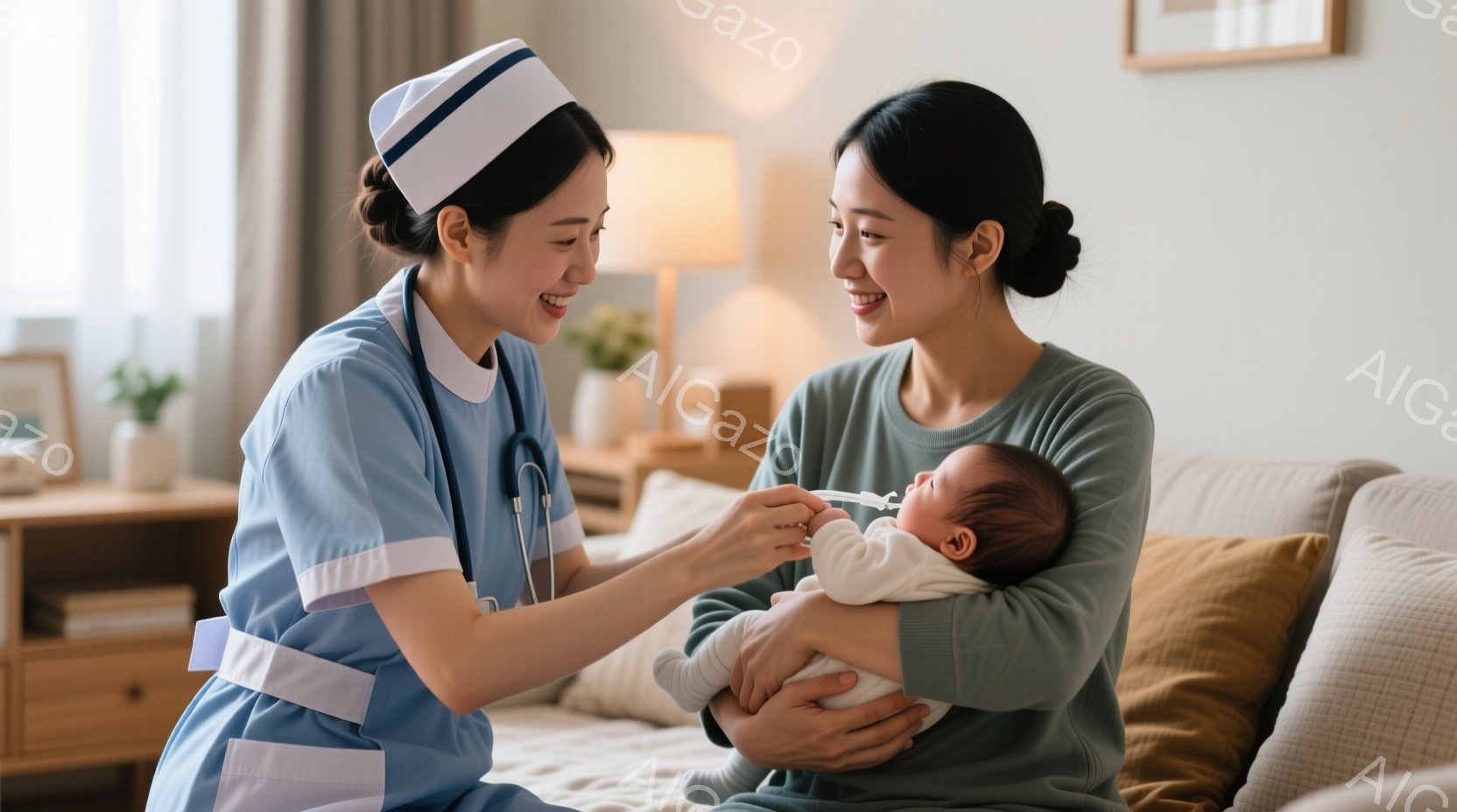 看護師は白地にピンクのラインが入った制服と帽子を着用し、赤ちゃんの口の中に何かを挿入しようとしています。母親はグレーのTシャツを着て、赤ちゃんを抱きかかえ、微笑んでいます。背景には、木製の棚とクッションが置かれたソファがあり、暖かく穏やかな家庭の雰囲気が漂っています。