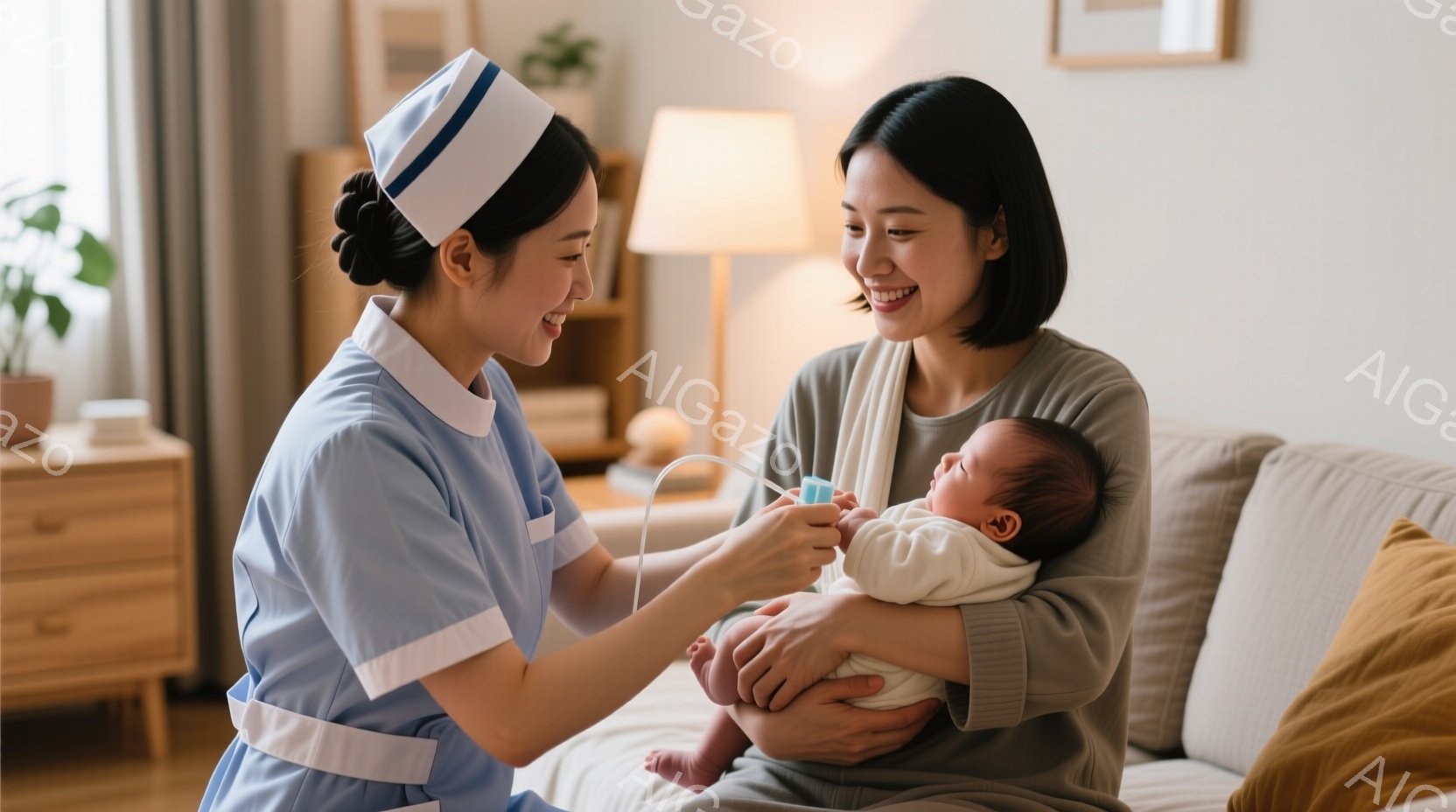 看護師は青い制服と帽子を着用し、赤ちゃんに何かを当てています。母親は灰色の服を着てソファーに座り、笑顔で赤ちゃんを抱いています。背景には木製の家具と観葉植物があり、温かく穏やかな家庭の雰囲気が漂ってい - AI生成フリー素材