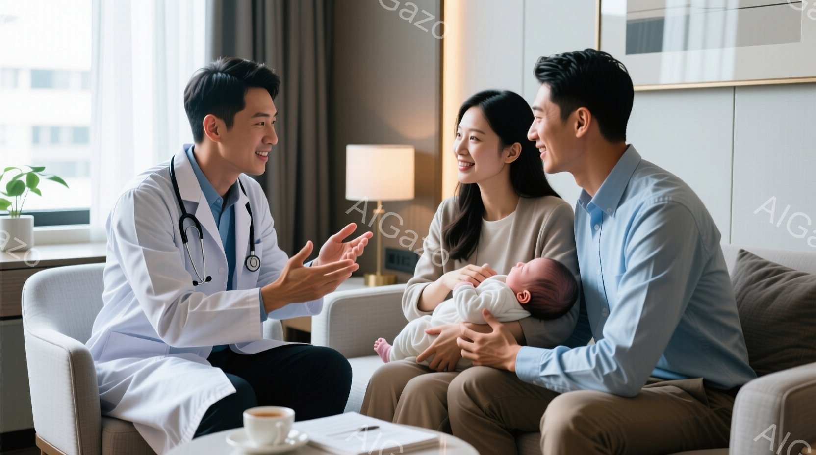白衣を着た医者が、ソファーに座る若い夫婦とその赤ちゃんに向かって話しています。医者は笑顔で身振り手振りを交え、夫婦は愛情深く赤ちゃんを抱きながら医者の話に耳を傾けています。背景には柔らかな光が差し込み - AI生成フリー素材