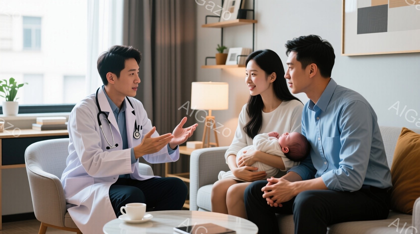 白衣を着た男性医師が、ソファに座る若い夫婦と新生児に向かって何かを説明している様子が写っています。医師は真剣な表情で身振り手振りを交えながら話し、夫婦は微笑みながら医師の話に耳を傾けています。背景には窓から差し込む自然光、観葉植物、そしてモダンなインテリアが見られ、全体的に温かく安心感のある雰囲気が漂っています。