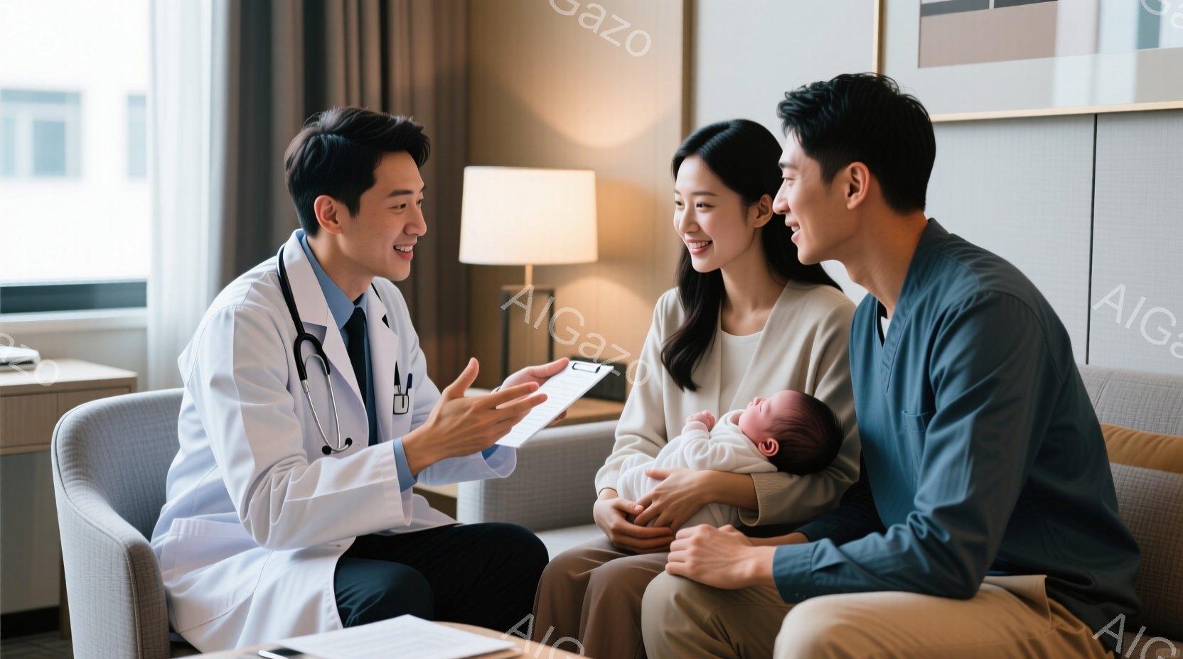 この、プロフェッショナルな医師が家族と会話する場面を示しています。医師は白医療服に身を包み、親切な表情で家族に話しかけています。家族は、女性の赤ちゃんを抱き、男性と女性がそれぞれ子供を持っています。背 - AI生成フリー素材