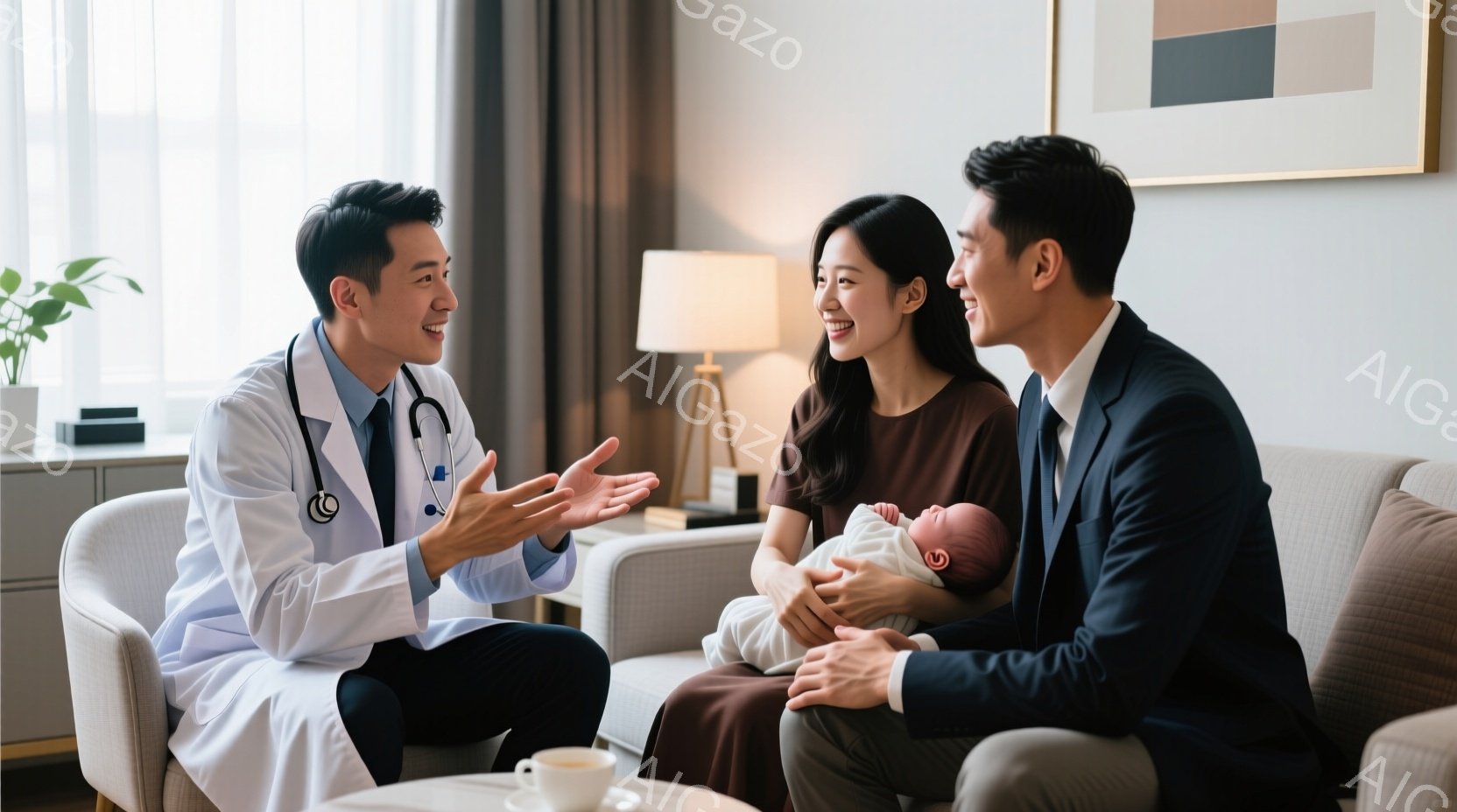白衣を着た男性医師が、ソファに座る若い夫婦と話しています。夫婦は生まれたばかりの赤ちゃんを抱いており、皆穏やかな表情で微笑んでいます。背景には明るい壁、観葉植物、そしてシンプルな絵画があり、温かくリラックスした雰囲気が漂っています。