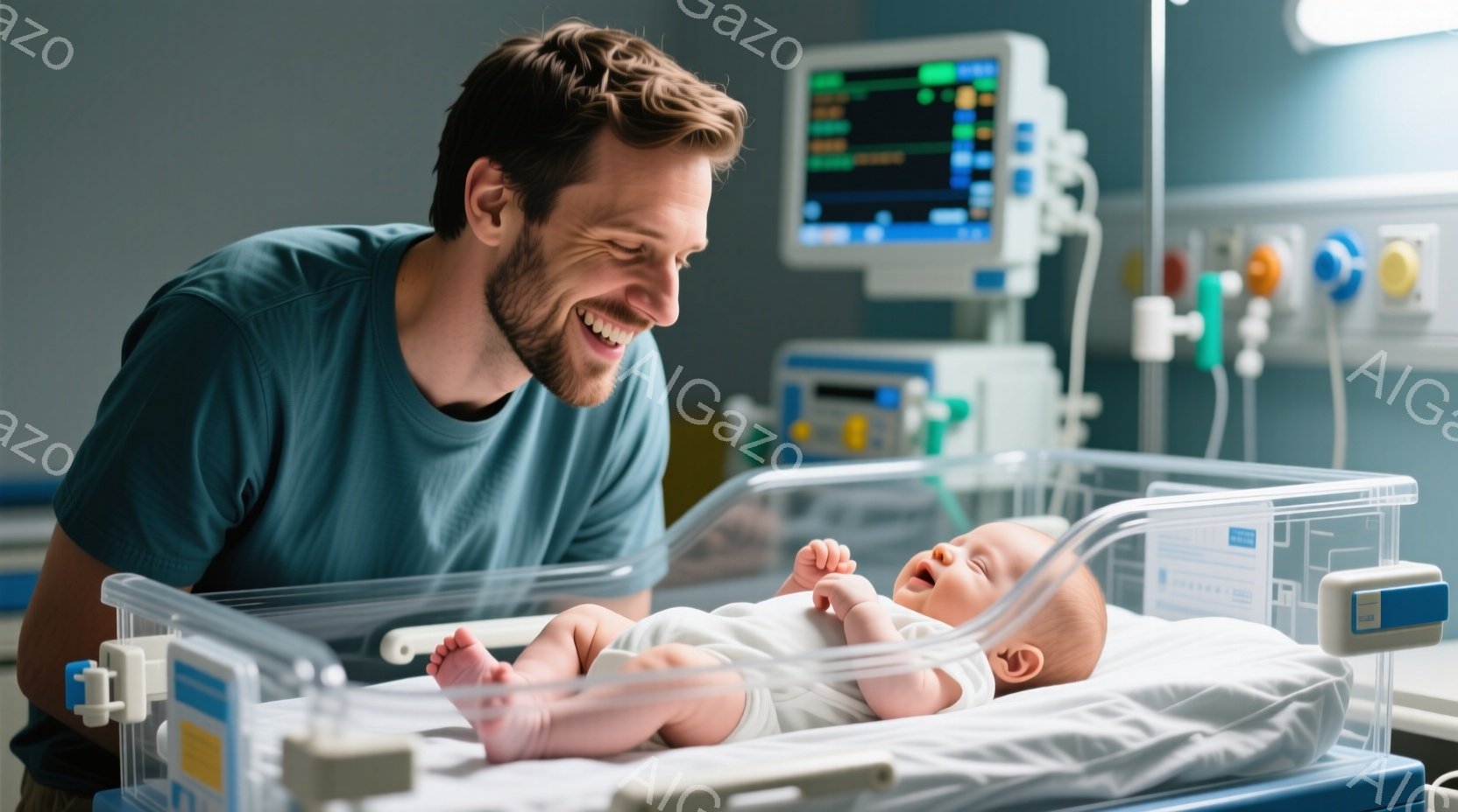 病院の保育器の中に横たわる新生児と、その赤ちゃんを見つめる父親が写っている。父親は短い茶色の髪で、笑顔で赤ちゃんの顔を見下ろしている。背景には医療機器が並び、病院の雰囲気が漂っているが、全体的に温かく、愛情に満ちた雰囲気である。