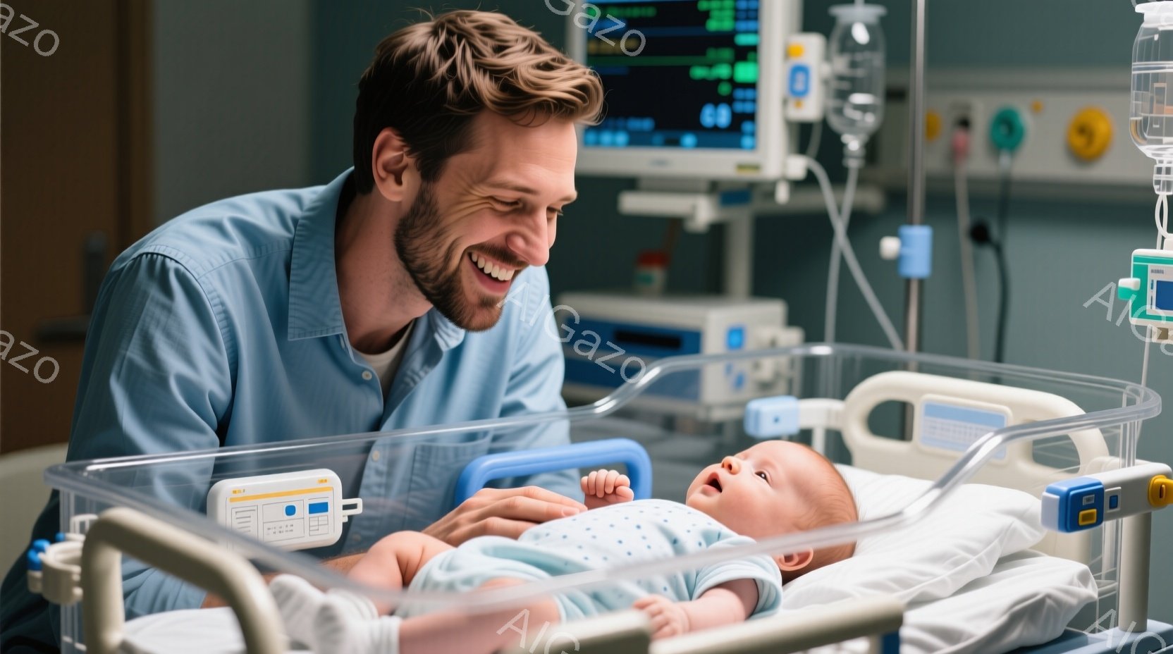 病院のベッドに横たわる新生児の赤ちゃんと、その赤ちゃんと見つめ合う父親が写っている。父親は青いシャツを着ており、笑顔で赤ちゃんの顔を見つめている。背景には医療機器が並び、医療機関の一室であることがわか - AI生成フリー素材