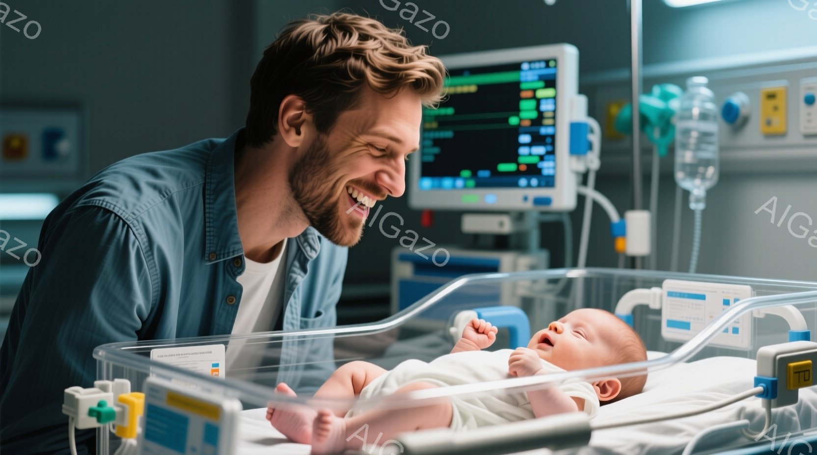 育児用ベビーベッドに横たわる新生児の赤ちゃんを、父親が微笑みながら見下ろしている様子が写っている。父親は、短い茶色の髪と髭をしており、デニムジャケットを着ている。背景には医療機器とモニターがあり、病院の部屋であることがわかる。