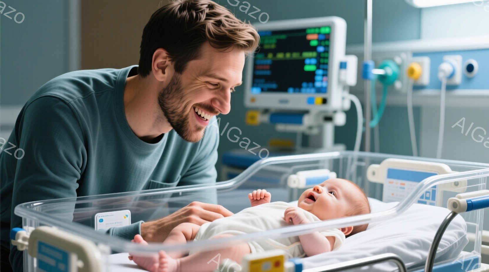 二重に掲載されており、両者が同じ内容の新生児とその父親を示しています。父親は笑顔で、手を持って新生児に注意を向けています。背景は病院の患者室であり、機械とその他の医療機器が見えるようです。