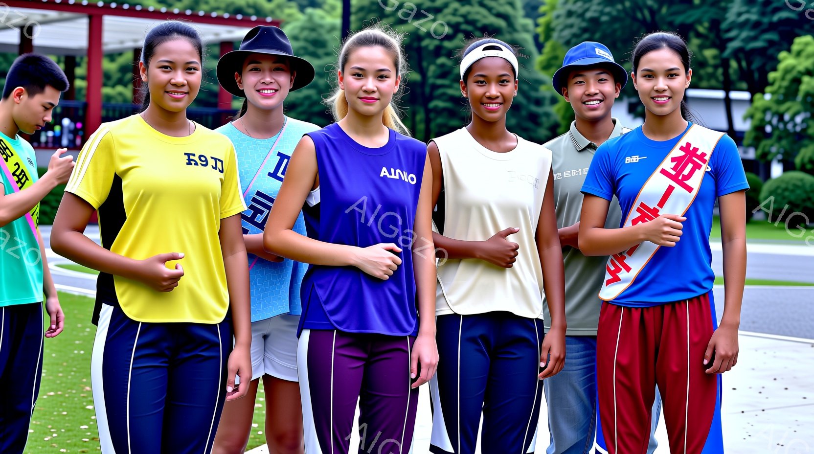 若い女性たちが整列して立っており、それぞれ異なる色のスポーツウェアを着用しています。彼女たちは皆、短髪で、笑顔を見せながら、片手を腰に当て、ポーズをとっています。背景には緑豊かな木々や建物があり、晴れ - AI生成フリー素材