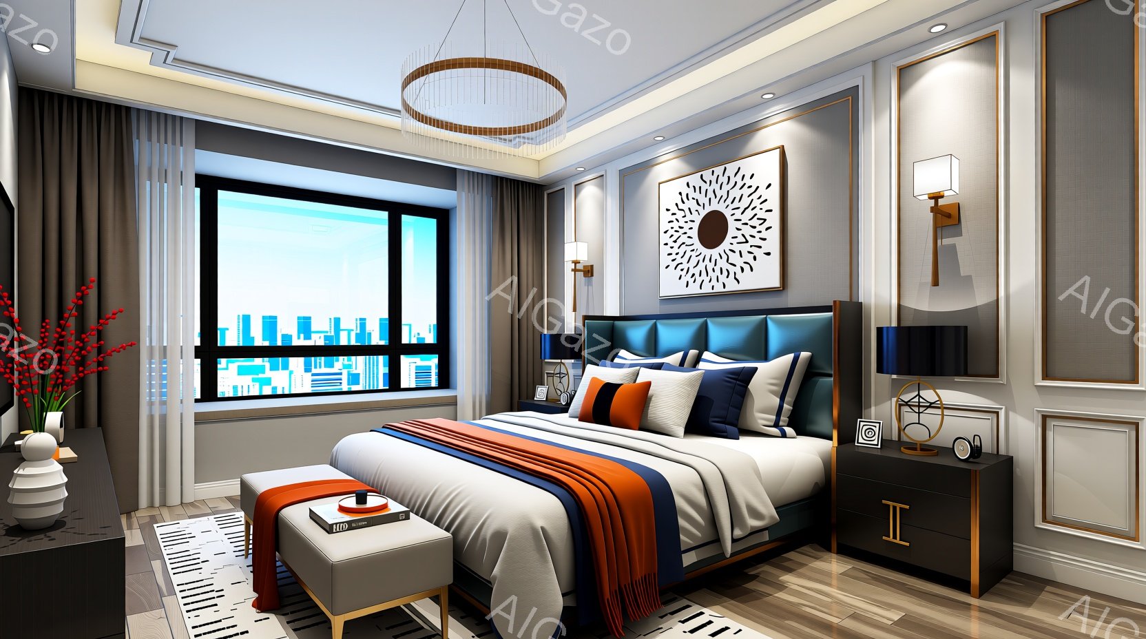 現代的なベッドルームのインテリアで、大きな窓からは都市の景色が見えます。ベッドは濃い青とオレンジのアクセントが効いた高級感のあるデザインで、白いナイトテーブルとモダンなベッドサイドランプが配置されています。部屋全体はグレーと白を基調とした落ち着いた色調で、洗練された雰囲気を醸し出しています。