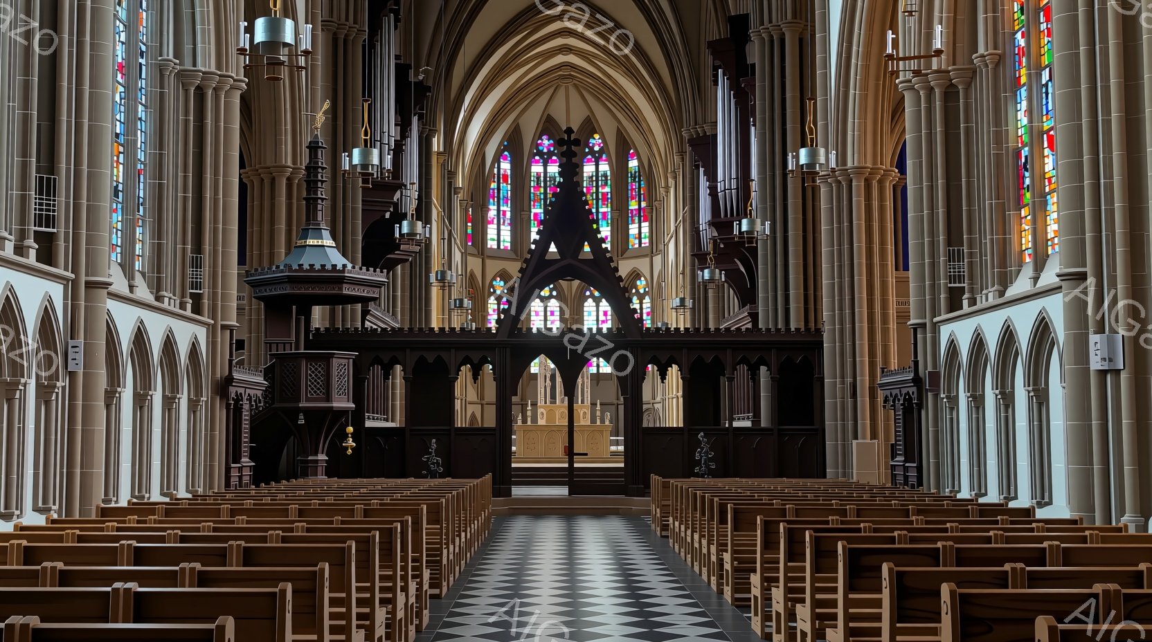 巨大なゴシック様式の教会内部で、整然と並んだ木製のベンチが左右に広がっています。高いアーチ型の天井にはステンドグラスが輝き、床は黒と白の市松模様で覆われ、神聖で荘厳な雰囲気を醸し出しています。奥には祭壇が見え、光が差し込み、静寂と畏敬の念を感じさせる空間です。