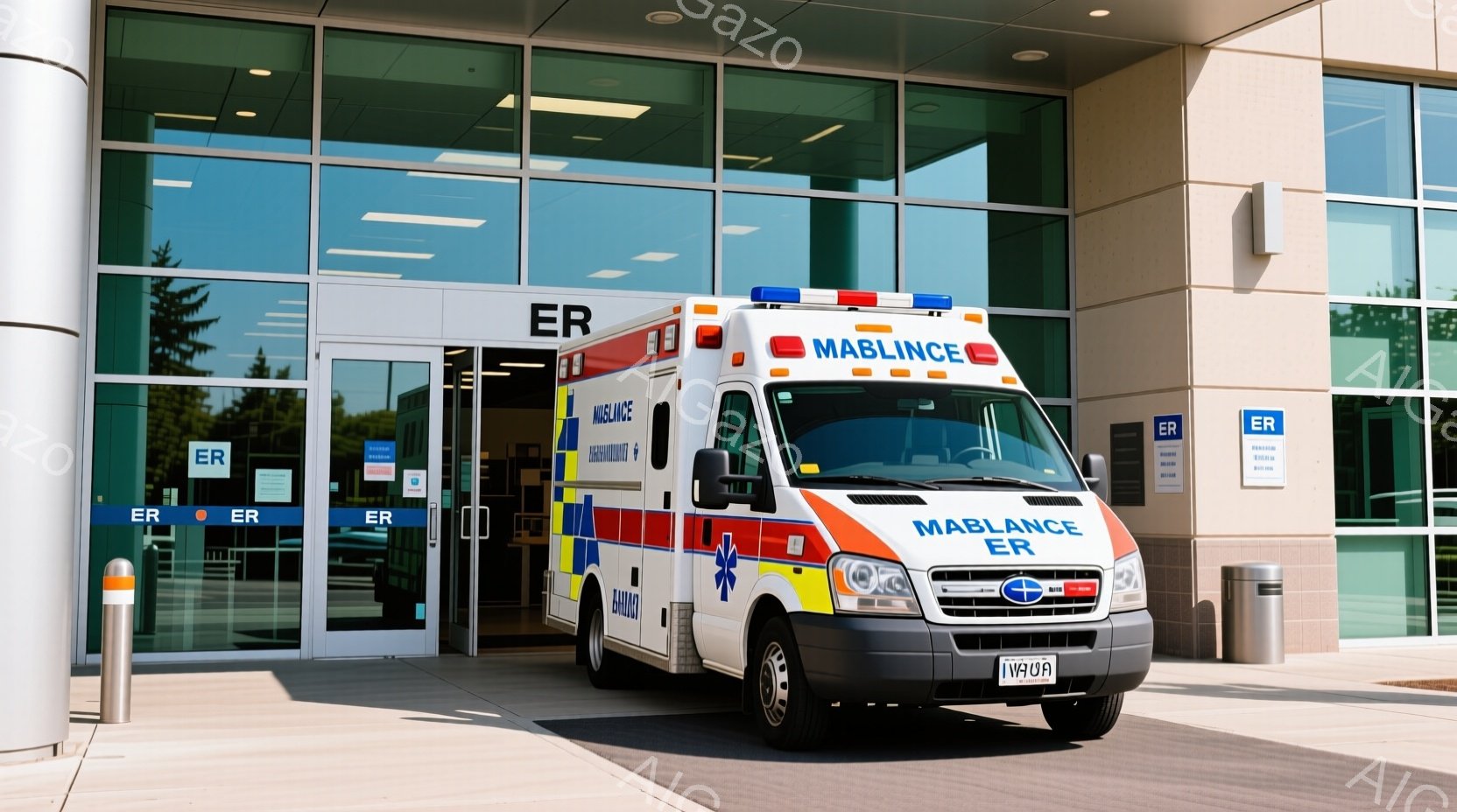 白とオレンジ、青のカラーリングをした救急車が、病院の入り口前に駐車されています。病院はガラス張りの近代的な建物で、入り口には「ER」の表示が複数あります。晴れた日の穏やかな雰囲気で、背景には緑の木々が見え、救急車の反射がガラスに映っています。