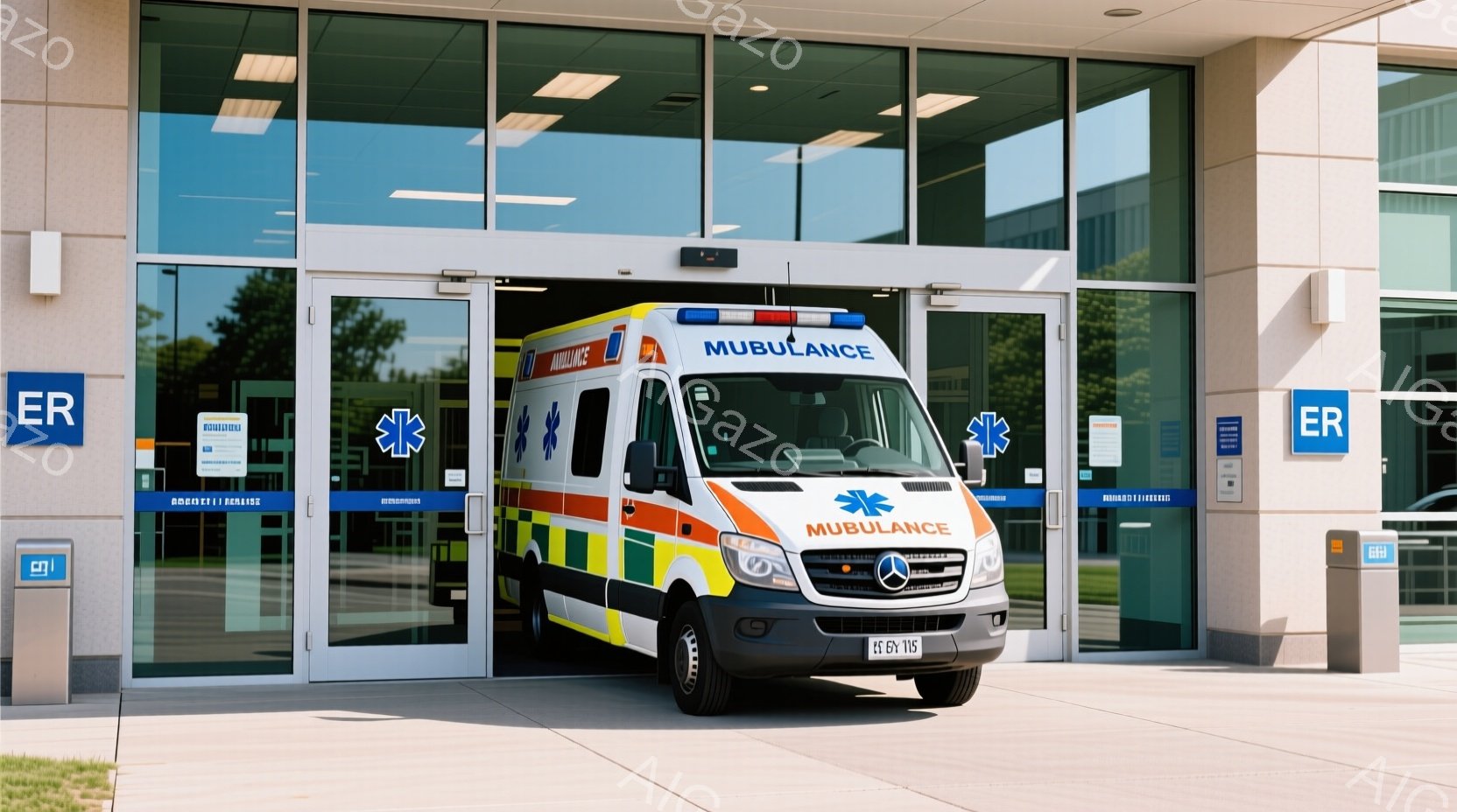 白地に青いストライプとオレンジ色のラインが入った救急車が病院の入り口に停まっています。病院はガラス張りの近代的な建物で、明るい日差しが差し込んでいます。周囲には緑の木々が見え、晴れた空が広がっており、全体的に清潔で落ち着いた雰囲気です。