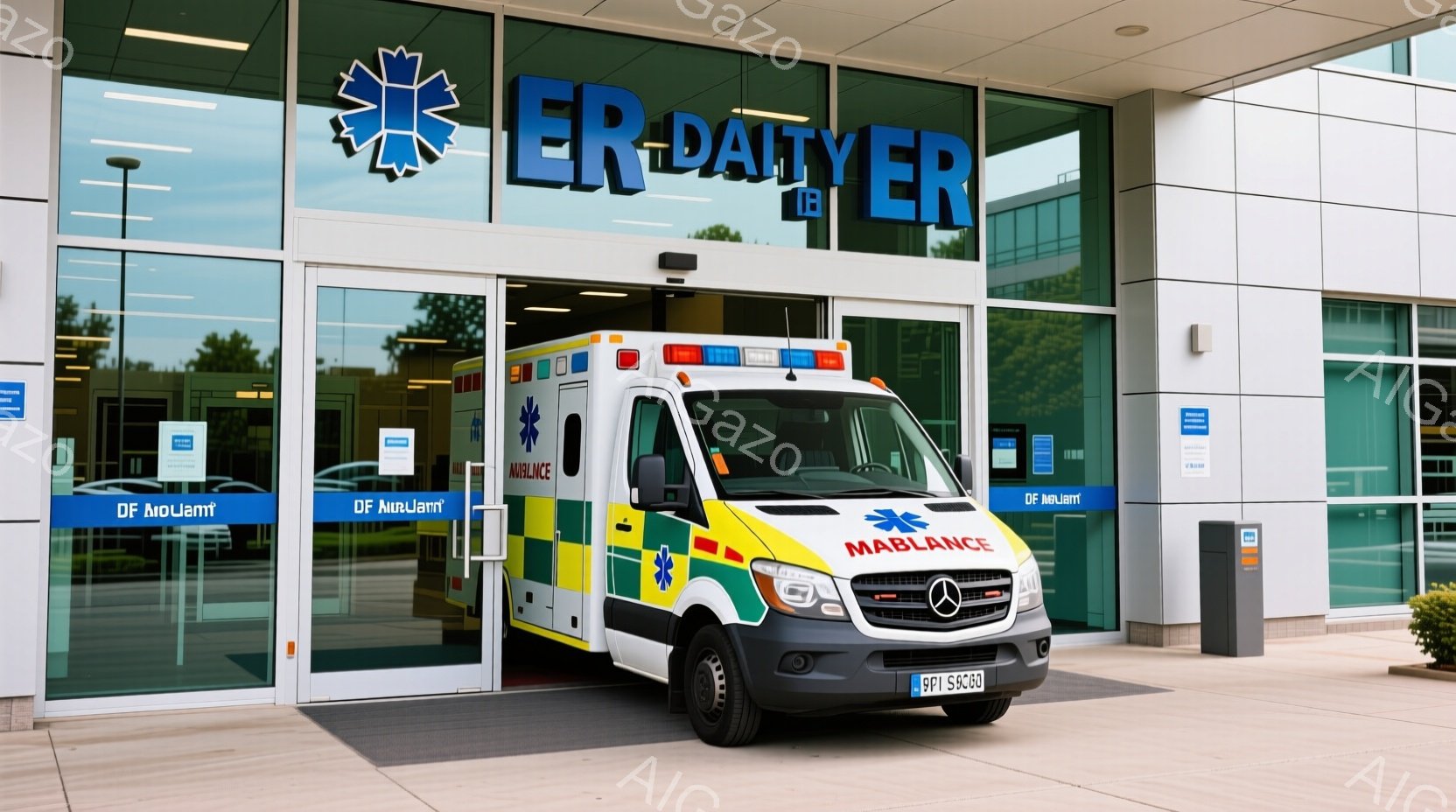 白地に緑と青のストライプが特徴的な救急車が、大きなガラス張りの病院の入り口に停まっています。病院の入り口は開いており、内部の様子が少し見えます。背景には、晴れた空の下、木々や建物がぼやけて見え、救急車の緊急性と病院の清潔感とが印象的な光景です。