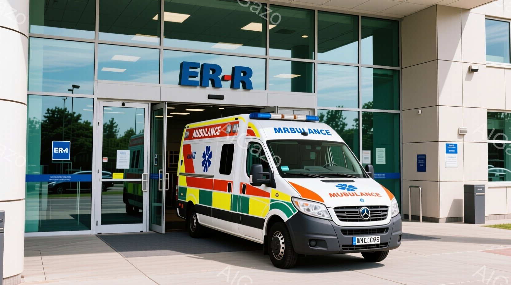 白地に赤、黄、青のストライプが入った救急車が、病院の入り口の前に停まっています。病院はガラス張りのモダンな建物で、入り口には「ER」と書かれた大きな看板があります。晴れた日差しが差し込み、背景には緑の木々が見え、全体的に清潔で落ち着いた雰囲気です。