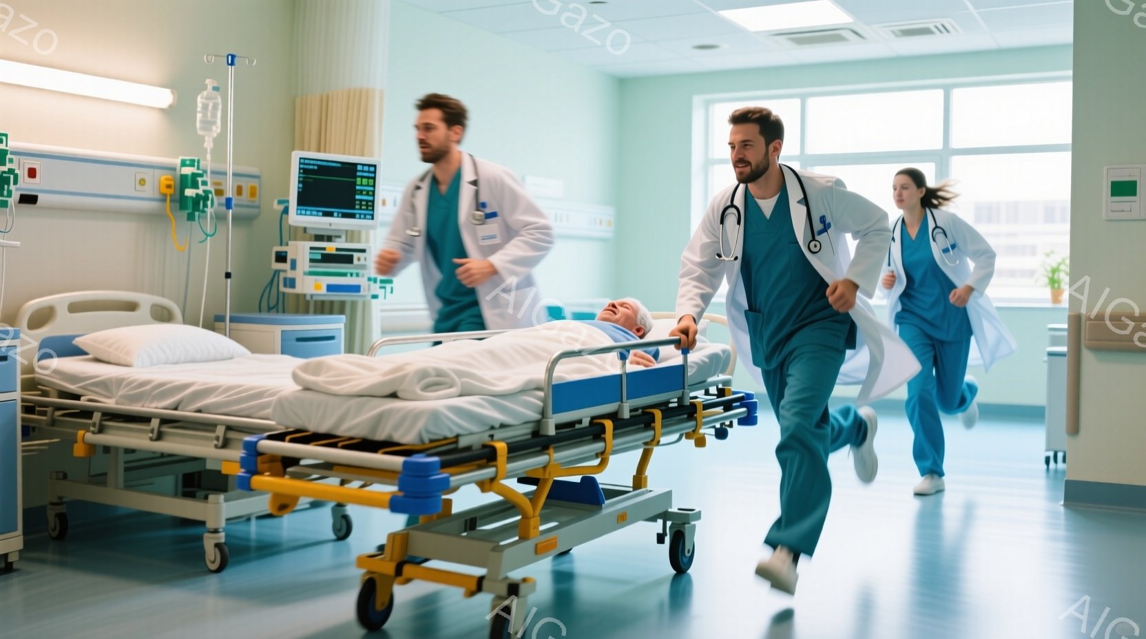 白衣とスクラブ姿の医療従事者二人が、病院の廊下を担架に乗った患者と共に走っている。患者は意識がなく、医療従事者たちは真剣な表情で急いでいる様子がうかがえる。背景には医療機器や廊下の壁が見え、緊迫感のある緊急医療の現場を捉えた一枚である。