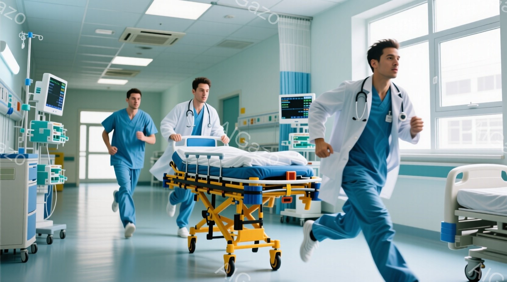 病院の廊下で、白衣とスクラブ姿の医療従事者たちが、担架を押して走っている様子が捉えられている。彼らは皆、真剣な表情で、緊急事態に対応しようとしているかのように見える。背景には医療機器やベッドが並び、緊迫した病院内の雰囲気が伝わってくる。