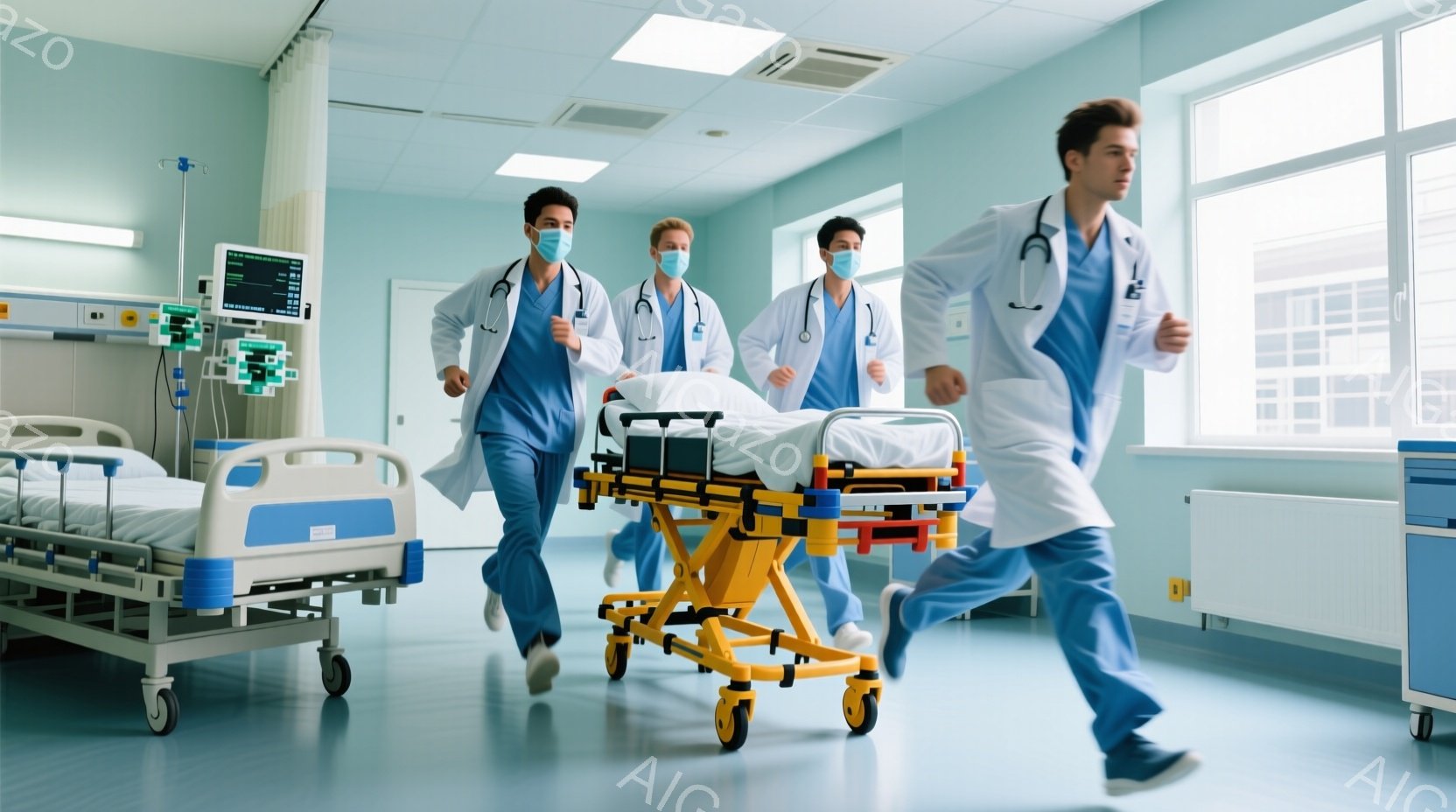 廊下を駆け抜ける医療チームが写っている。彼らは皆青いスクラブとマスクを着用し、真剣な表情でストレッチャーを押している。背景には病院のベッドと医療機器が見え、緊迫感と緊急性を感じさせる。