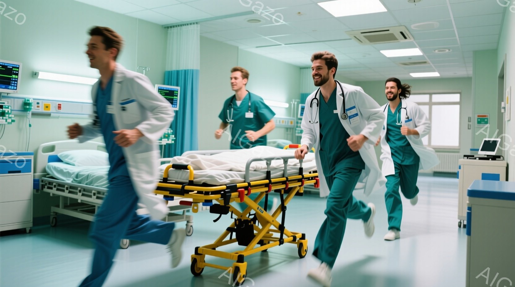 病院の廊下を、白衣を着た医療チームがストレッチャーを押して走っている様子が写っている。彼らは皆、青いパンツを着用し、髪型は様々で、顔には緊迫感と決意が表れている。背景には病院のベッドや医療機器が見え、緊急性の高い状況がうかがえる。