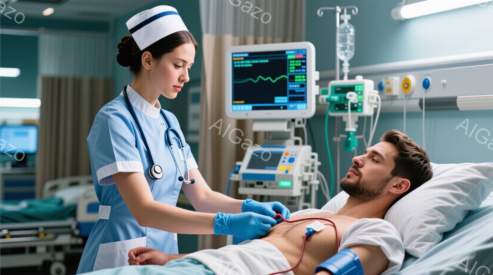 看護師は医療用ガウンと帽子を着用し、青い手袋を付けて患者の胸部に聴診器を当てています。患者は病院のベッドに仰向けになり、心電図モニターと点滴台が背景にあります。全体的に、病院の集中治療室のような、緊張感のある、医療的な雰囲気が漂っています。