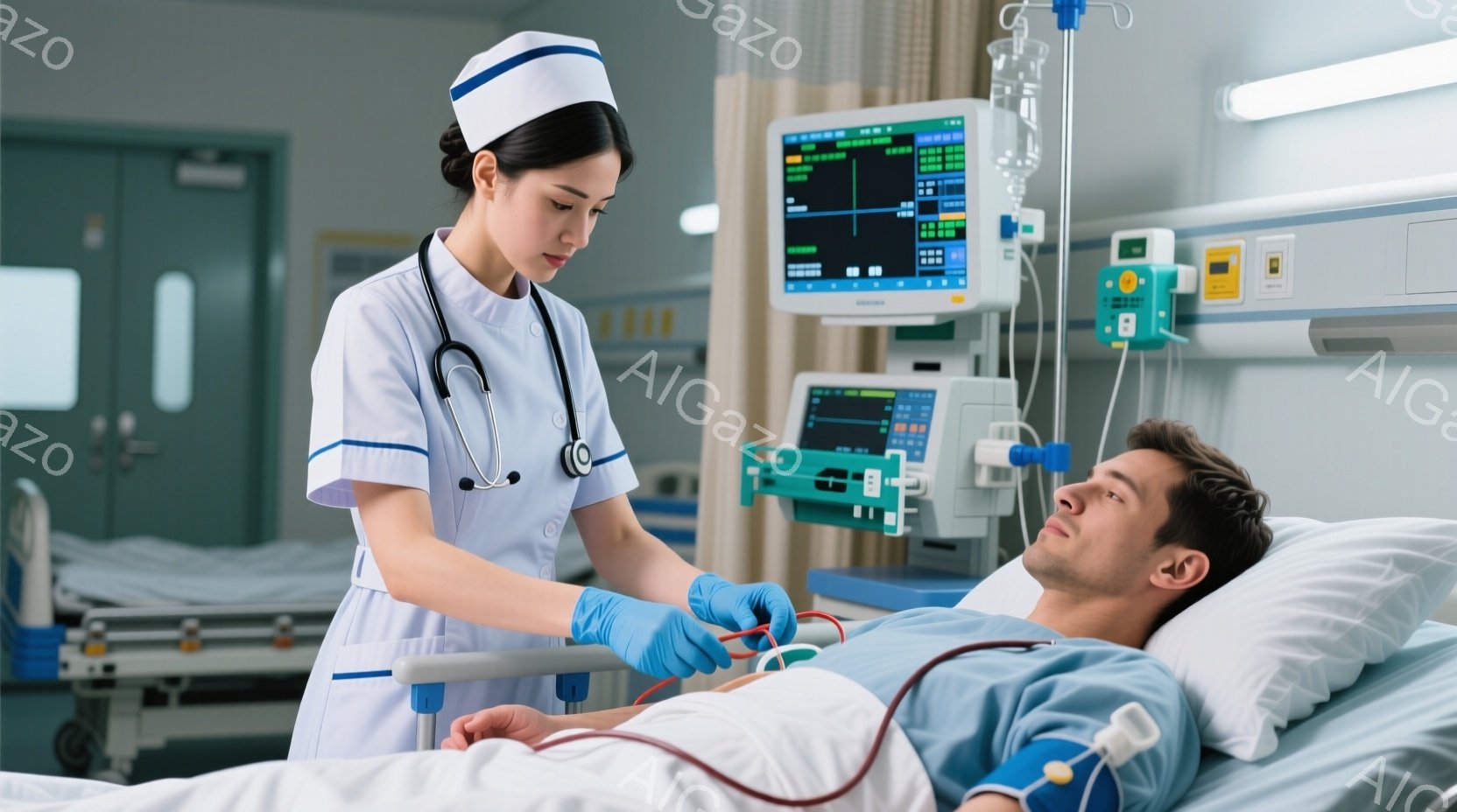 看護師は医療用スクラブと帽子を着用し、青い手袋をはめて患者の手に点滴を繋げている。患者はベッドに仰向けになり、意識があるようだが疲れている様子で、点滴を受けている。背景には医療機器が並び、病院の病室であることがわかる、全体的に清潔で落ち着いた雰囲気である。