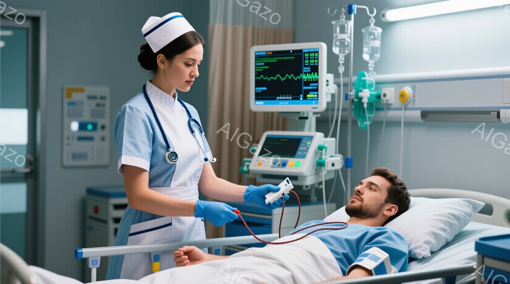 看護師は病院のベッドサイドで患者の脈拍を測定している。彼女は白い看護師服、帽子、青い手袋を着用し、真剣な表情をしている。背景には医療機器やモニターが並び、病院の部屋であることがわかる。