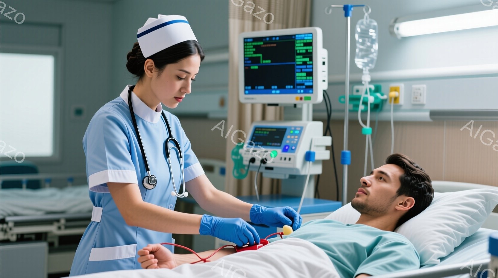 看護師は看護師服と帽子を着用し、青い手袋をはめて患者の腕に何かを取り付けている。患者はベッドに横たわり、目を閉じているように見える。背景には医療機器やモニターがあり、病院の一室であることがわかる。