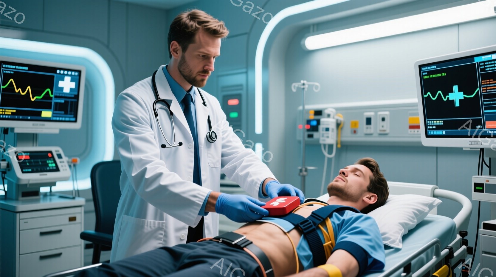白衣を着た男性医師が、病院のベッドに横たわる患者の胸に電気ショック装置を当てようとしています。医師は青い手袋を着用し、真剣な表情で集中しており、患者は目を閉じ、リラックスした姿勢で仰向けになっています。背景には医療機器が並び、モニターには心電図が表示されており、緊迫感と医療現場の雰囲気が伝わってきます。