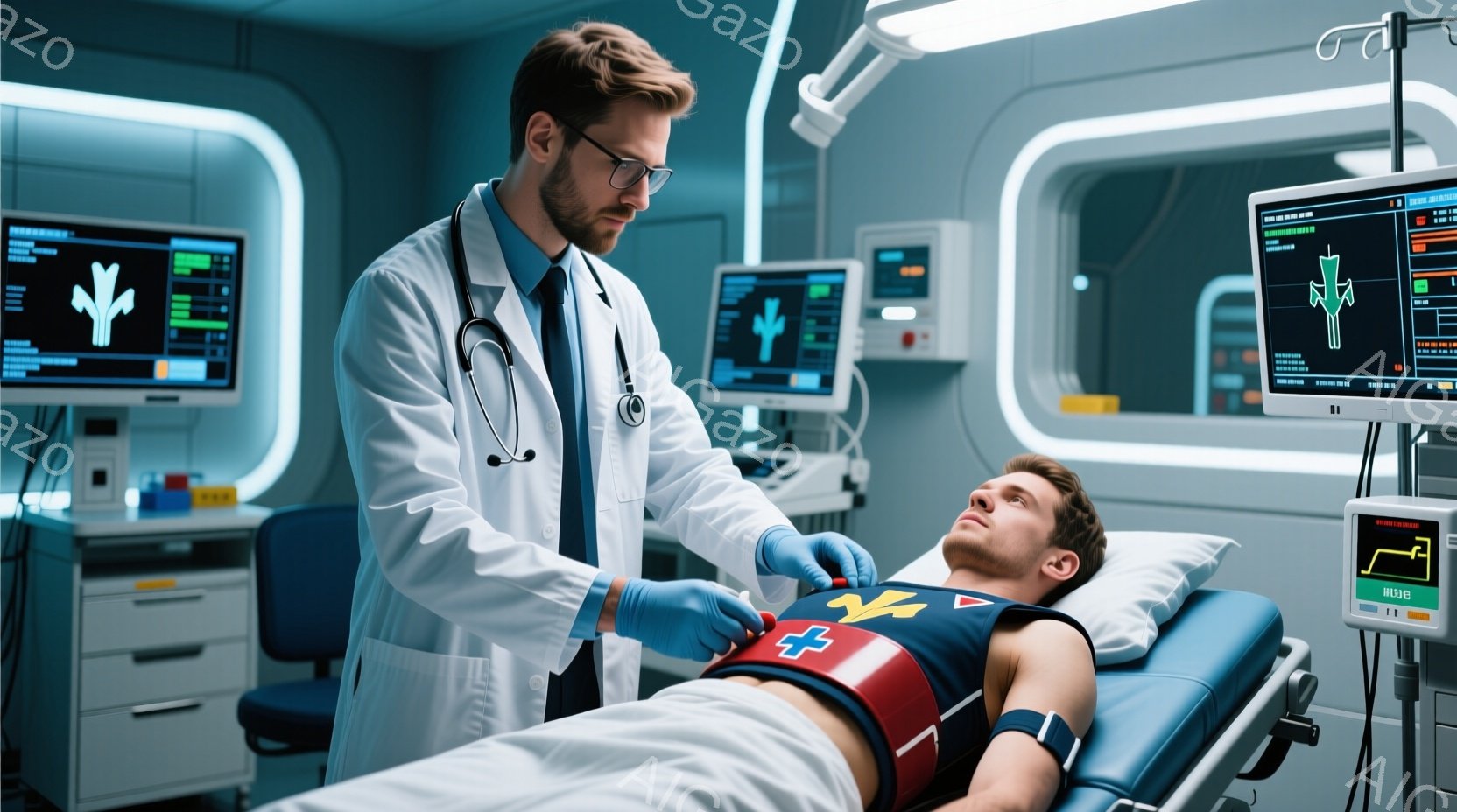 白衣を着た男性医師が、病院のベッドに横たわる負傷した男性患者の心臓付近を聴診器で診察している。医師は青い手袋を着用し、真剣な表情で患者の状態を確認している。背景には複数の医療用モニターが設置されており、未来的な病院の雰囲気を醸し出している。