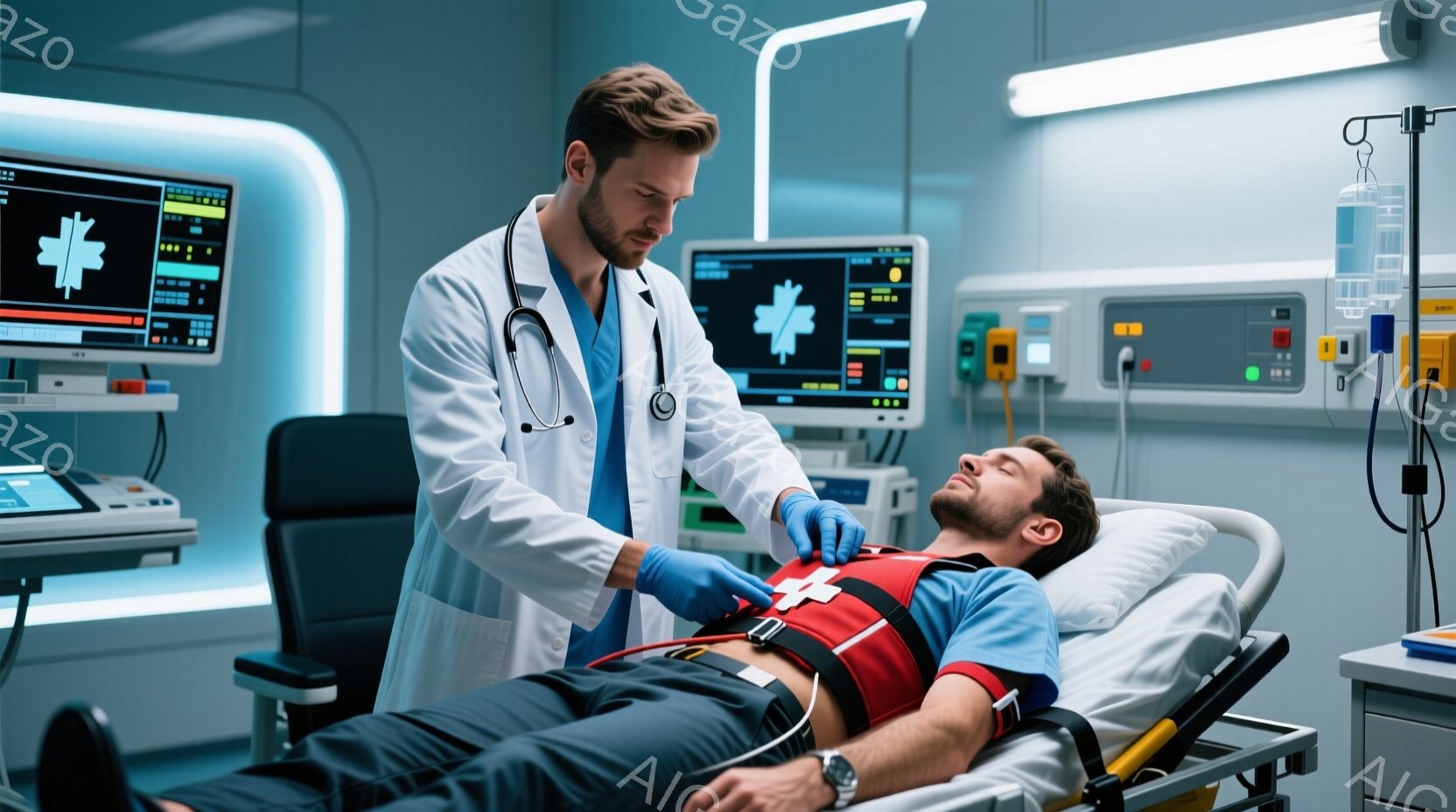 白衣を着た男性医師が、病院のベッドに横たわる負傷した患者の胸に聴診器を当てています。患者は赤い拘束バンドを着用し、リラックスした様子で仰向けに寝ています。背景には医療機器やモニターが並び、青色を基調とした清潔感のある病院の一室の様子がうかがえます。