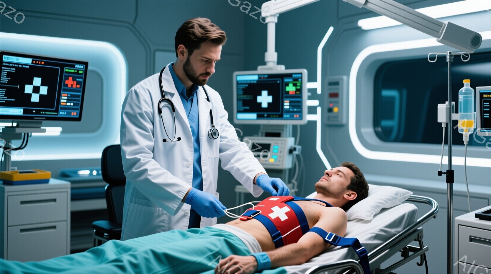 白衣を着た男性医師が、青い手袋を着用し、医療用ベッドに横たわる負傷した男性患者の胸に聴診器を当てています。患者は上半身裸で、赤い包帯が巻かれ、心電図モニターと点滴台が周囲にあります。背景は病院の部屋で、医療機器やモニターが設置されており、全体的に緊張感と緊急性のある雰囲気が漂っています。