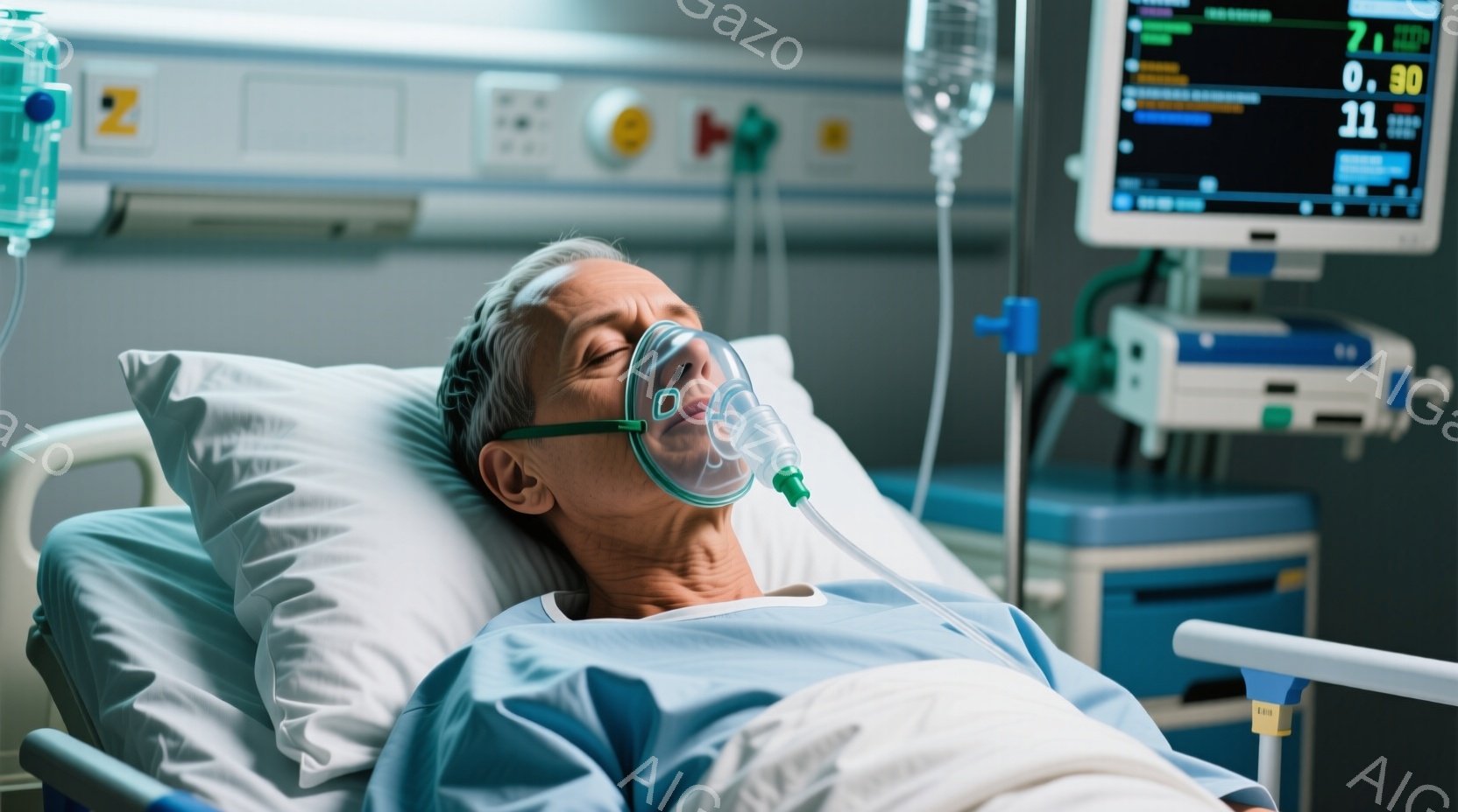 高齢の男性が病院のベッドに横たわっており、酸素マスクを装着しています。彼は薄いブルーの病院着を着ており、顔色は少し青ざめています。背景には医療機器やモニターがあり、病院の集中治療室のような雰囲気です。