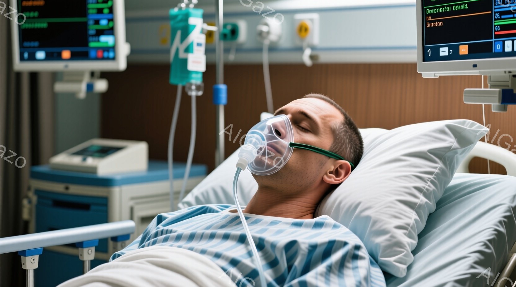 患者は病院のベッドに横たわり、酸素マスクをつけて目を閉じています。彼は薄い青色の病院着を着ており、髪は短く整えられています。背景には医療機器やモニターが見え、深刻で懸念を抱かせる雰囲気が漂っています。