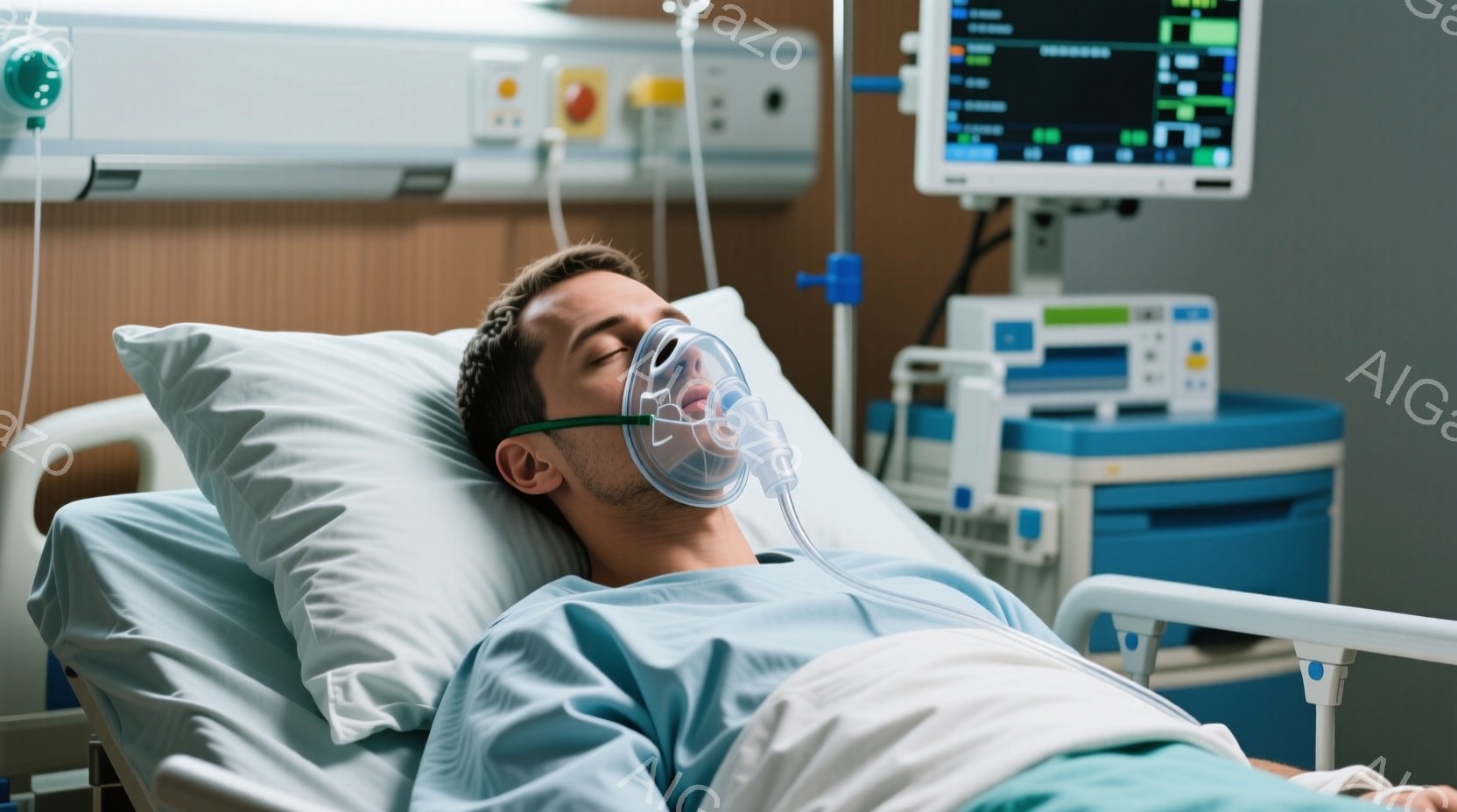 患者は病院のベッドに横たわり、酸素マスクを装着しています。彼は青い病院着を着ており、目を閉じ、リラックスした、あるいは疲労困憊した表情をしています。背景には医療機器、モニター、点滴台が見え、病院の一室であることがわかります。