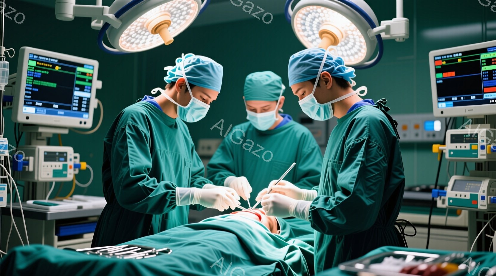 手術室で、三人の医療従事者が手術を行っている様子が写っている。全員が緑色の手術着、帽子、マスクを着用しており、顔の表情は隠されている。背景には医療機器が並び、無菌的な環境が示唆され、集中した、緊張感のある雰囲気が漂っている。