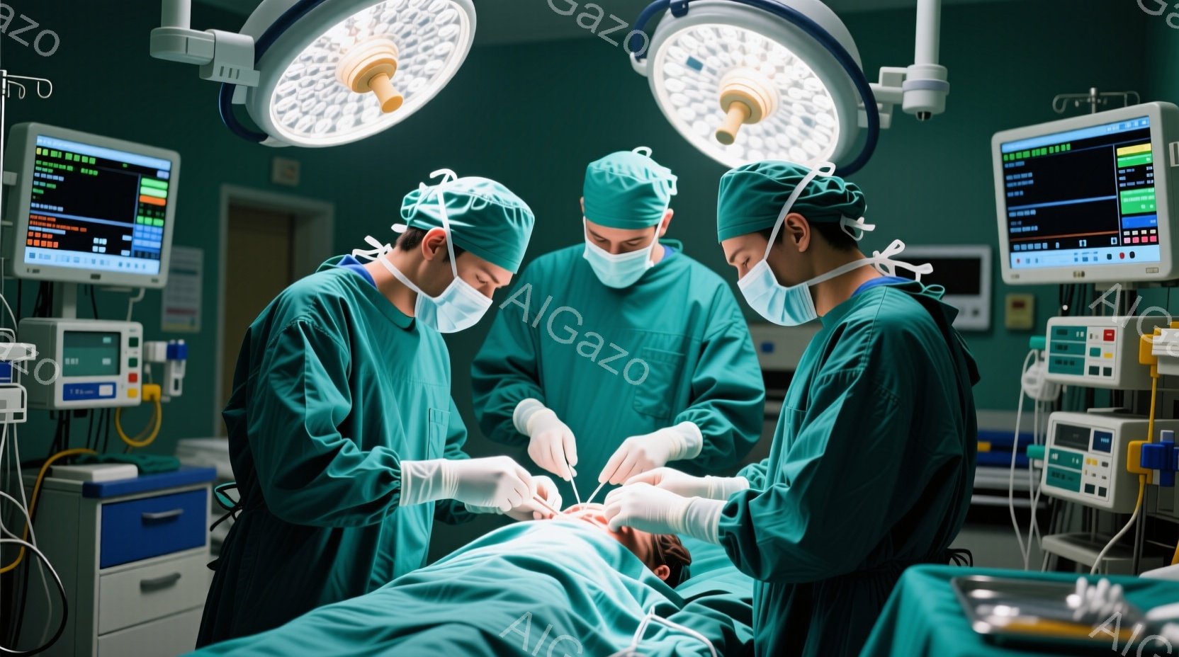 手術室で、三人の医療従事者が緑色の手術着、帽子、マスクを着用し、手術を行っている患者に集中している。患者は手術台に仰向けに横たわっており、医療従事者は手術器具を用いて慎重に作業している。背景には医療機器やモニターが並び、集中した静かな雰囲気が漂っている。