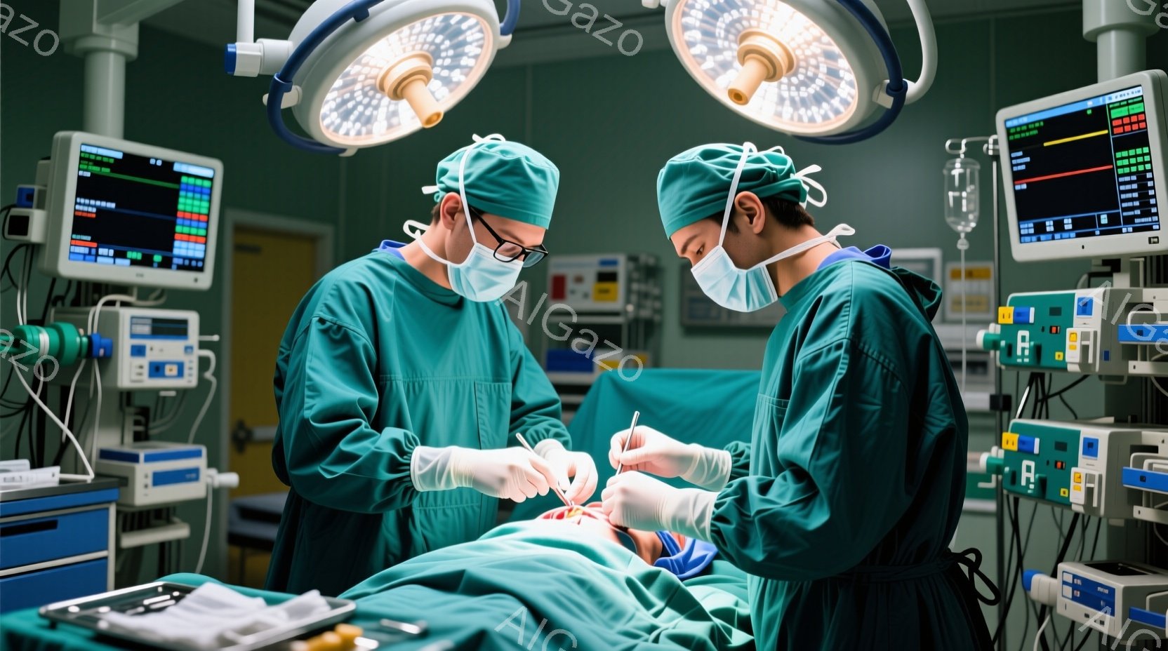 手術室で、緑色の手術着と帽子を着用した二人の外科医が患者の手術を行っています。片方の外科医は患者の胸部に集中し、メスを使って手術を行っています。背景には医療機器やモニターが並び、手術室の無菌的で緊張感のある雰囲気が伝わってきます。