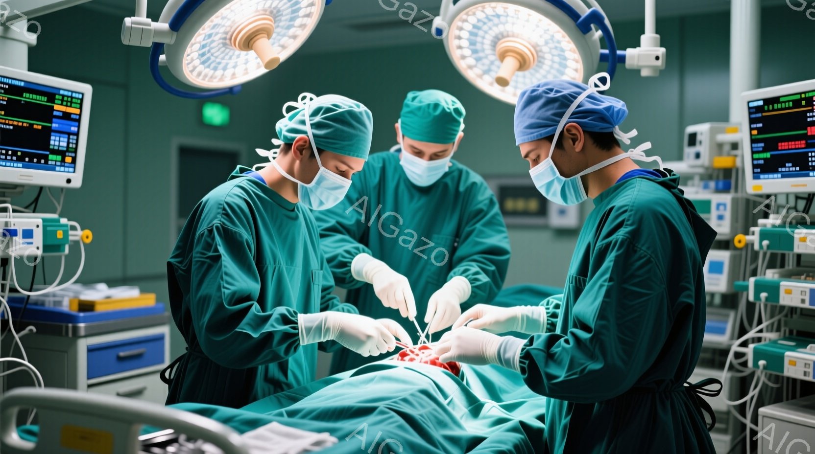手術室で、緑色の手術着と帽子を着用した三人の医療従事者が患者の治療に集中している。彼らは白い手袋を着用し、患者の胸部に集中して手術を行っている。背景には医療機器やモニターが見え、無菌で緊張感のある雰囲気が漂っている。